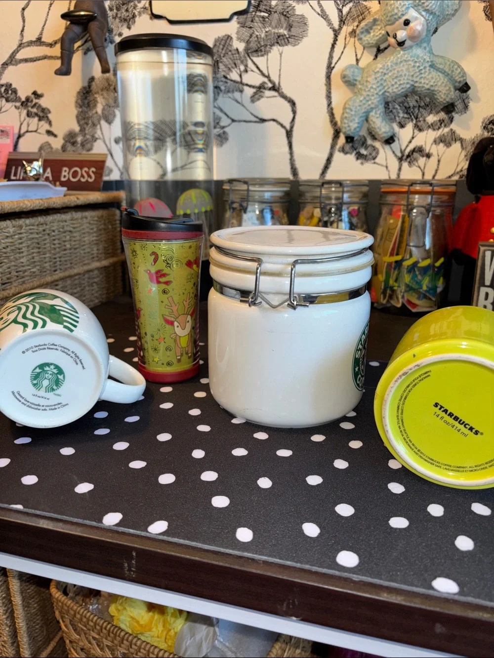 EUC STARBUCKS BUNDLE. One porcelain Canister, two Coffee cups and a kids to go c